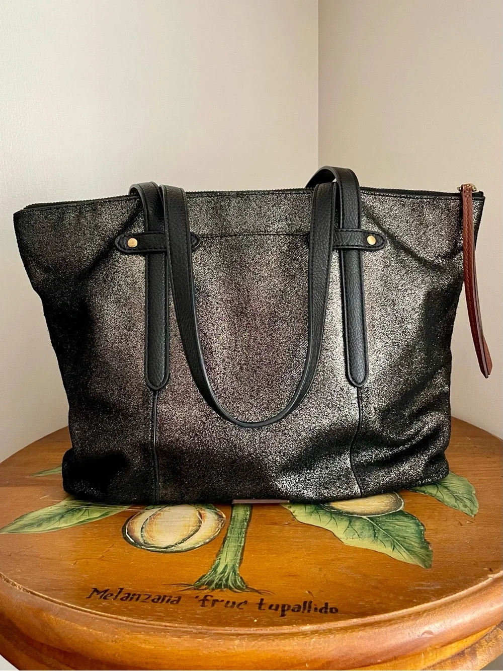 Fossil ‘Felicity’ Tote Black Leather & Metallic Shimmer w/ Zipper Closure